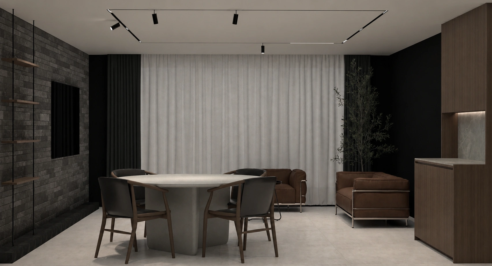다이닝 테이블과 소파가 함께 보이는 인천 청라 한화꿈에그린 100A 거실 야간 장면