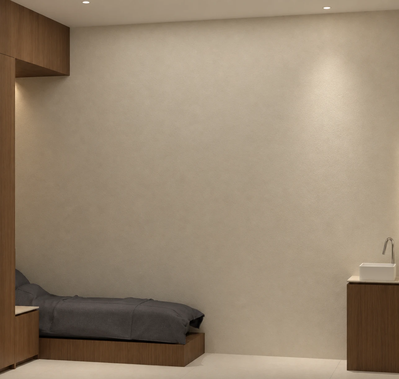 침상과 세면대가 배치된 개별 휴식 공간 측면 디자인 제안